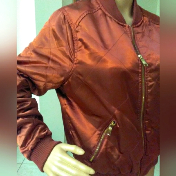 BRONZE REDDISH JACKET W/ ZIPPER POCKETS BY AMONG EQUALS SZ.12 QUILT SILKY FEEL - Picture 5 of 8
